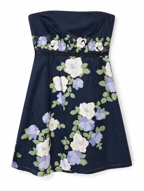 LOFT Strapless Floral Dress Navy Blue A Line Summer Wedding Guest Size 12